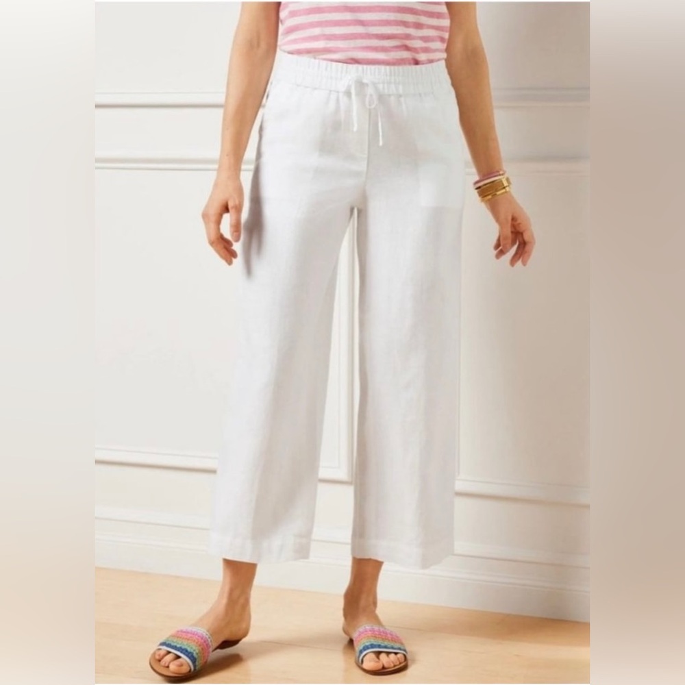 Talbots Cropped Wide Leg 100% Linen Summer Vacation Pants White Size Large